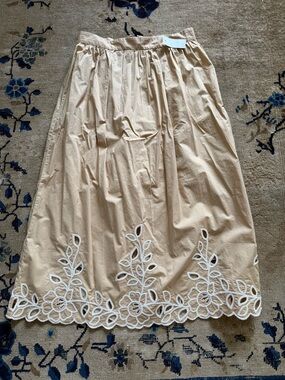 LOFT Beige Midi Skirt and Top with White Embroidered Hemline
